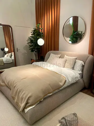 Fabric Upholstered Double Bed with Padded Headboard - Light Beige