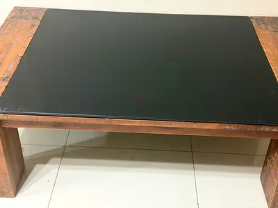 Solid Wood Coffee Table with Black Glass Top - Rustic Finish