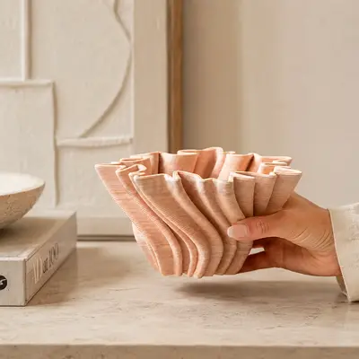 3D Printed Ceramic Ruffled Decorative Vase - Light Pink