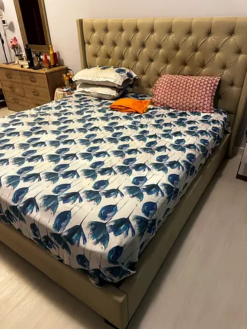 Queen size bed with headboard and storage in good condition without mattress