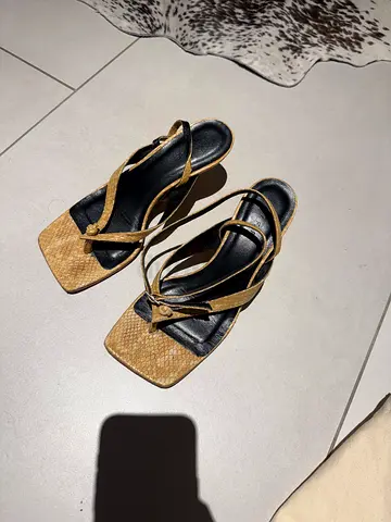 By Far Brown/ tan snake print strappy square-toe heeled sandals, size 36