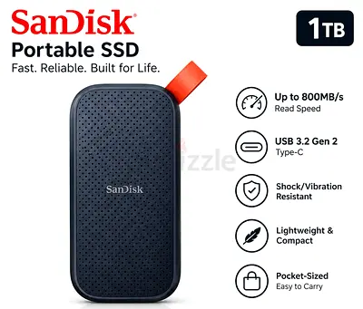 SanDisk Portable 1TB SSD (USB-C) - Compact, Rugged, Up to 800MB/s