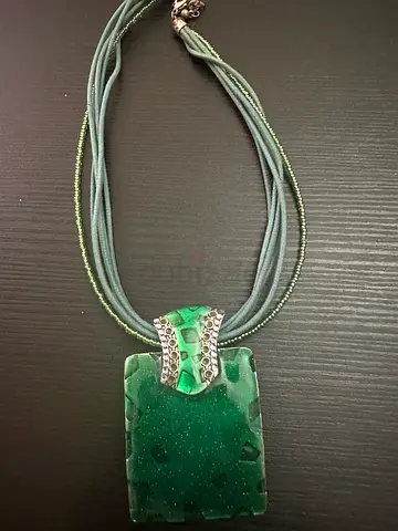 Authentic Ikita Paris Green Statement Pendant Necklace with Rhinestone Accents