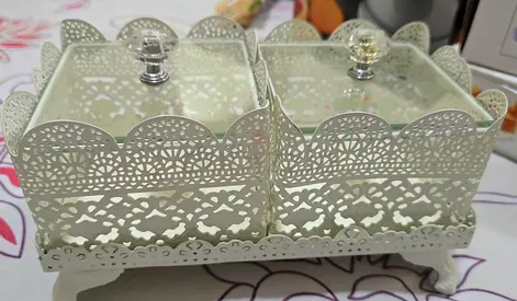 Pair of decorative metal storage trays with glass lids. Suitable for dry fruits/ cookies etc