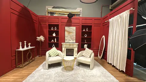 Podcast set, Pair of Cream Accent Chairs with Gold Side Table and Decorative Backdrop