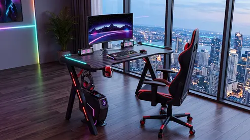 LED Gaming Table – Black Gaming Desk with Cup Holder & Headphone Hook