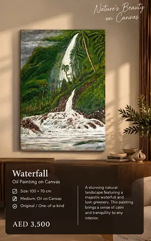 Original Tropical Waterfall Oil Painting on Canvas (Signed)
