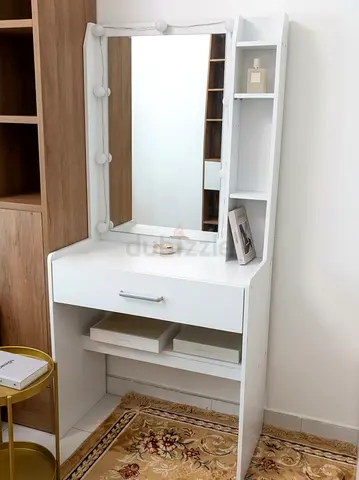 White Dressing Table with Mirror and Side Shelves and Sitting stool.