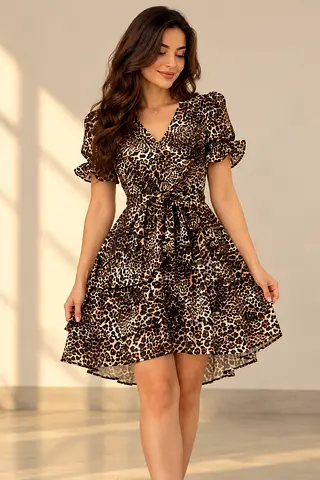 Brown Leopard Print Short Ruffle Sleeve Wrap Dress, Size M