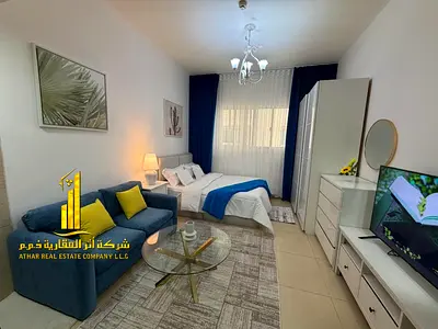 Luxury second-occupancy studio with an open kitchen and panoramic views. Fully furnished. ✨ Ajman, Jasmine Towers. For monthly rent.