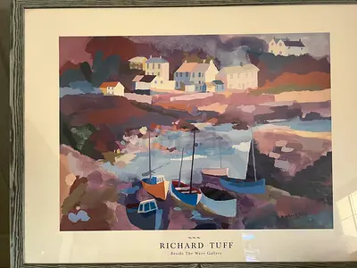 Signed Richard Tuff framed print - Coastal village with boats