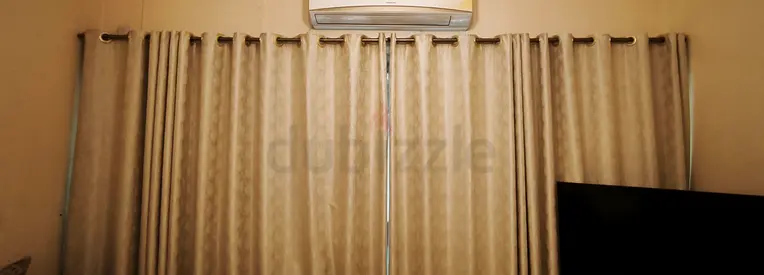 Used-Beige Blackout Curtains with Rod and Hooks - Ready to Install