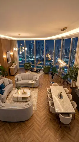 Spacious high-rise living room set with dining area and city views