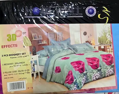 Homewell 3D Floral Bedsheet Set - King/Double, 3 Pieces, Sky blue with Pink Roses