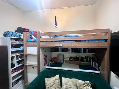 For Sale: Wooden Bunk/Loft Bed + White Bookshelf