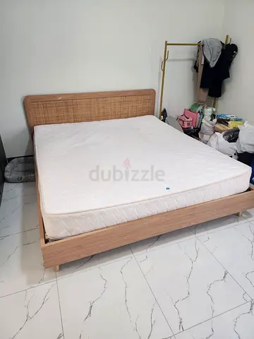 King size wooden bed frame with rattan headboard + mattress