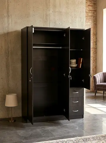 Dark Wood 3-Door Wardrobe with Drawers and Shelves - brand new