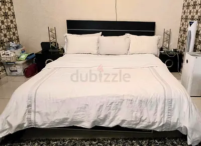 King size bed frame with headboard, side tables and lamps (good condition)