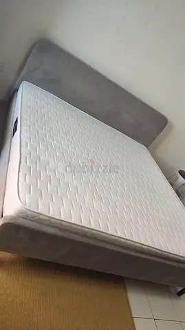 King-size upholstered bed frame with mattress - grey, good condition