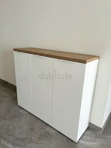 White Gloss Shoe Cabinet with Wood Top - 3 Doors, Great Condition