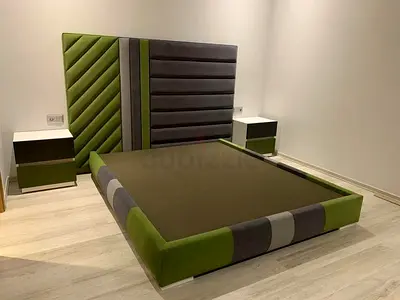 Modern Upholstered Double Bed with Matching Nightstands - Green & Grey