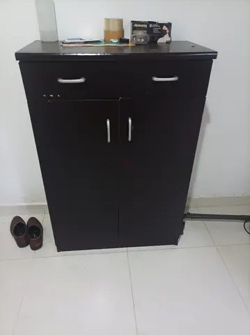 Compact dark brown wooden shoe cabinet with drawers - good condition