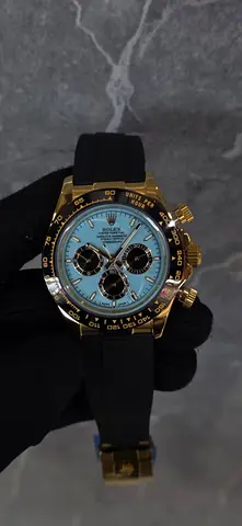 Rolex-style Gold Chronograph Watch with Blue Dial on Rubber Strap