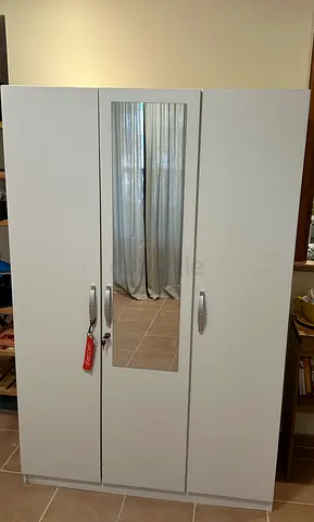 White 3-Door Wardrobe with Mirror - Good Condition
