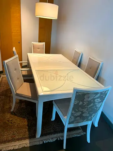 Premium Glass White 8-Seater Dining Table with Upholstered Chairs