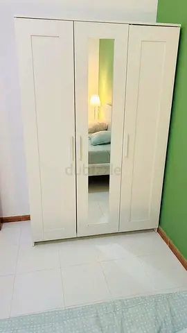 White 3-Door Wardrobe with Center Mirror - Good Condition