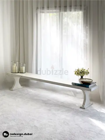 WHITE FARMHOUSE ELONGATED WOODEN BENCH or country vintage trestle console table rustic dining