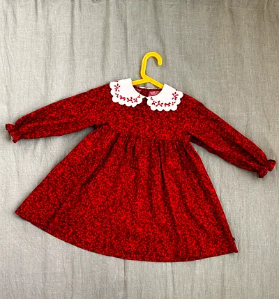 Petit Bateau Girls Red Dress with Embroidered Collar 116 cm / approx. 6Y