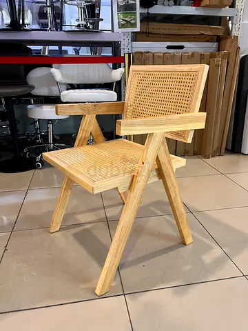 Solid Wood Rattan Armchair — Light Oak Finish