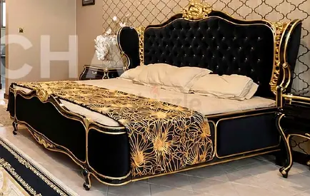 Black and Gold King Size Upholstered Bed with Ornate Frame and 2 console