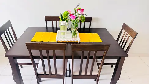 Solid Wood 6-Seater Dining Table with Chairs - Dark Brown