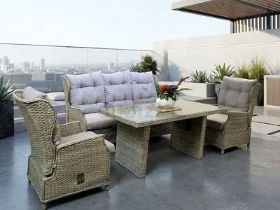High Quality Outdoor Rattan Wicker Recliner Sofa Set with Glass Dining Table - 5 Seater