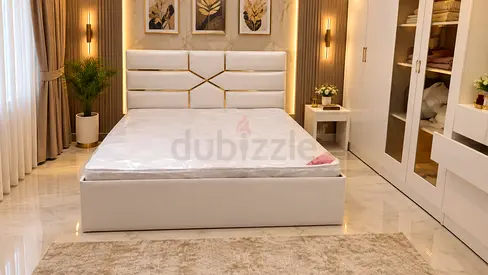 White upholstered king-size platform bed with storage — Brand New