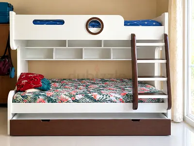 White and Brown Wooden Bunk Bed with Storage Drawer