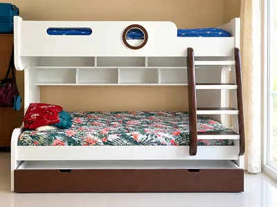 Drawer Railing Normal Classifieds: White and Brown Wooden Bunk Bed with Storage Drawer ...