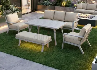 7 Seater High Quality Beige Aluminium Outdoor Garden Sofa Set with Big Dining Table