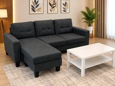 Grey L-shaped Fabric Sofa with Chaise - Good Condition with coffee table