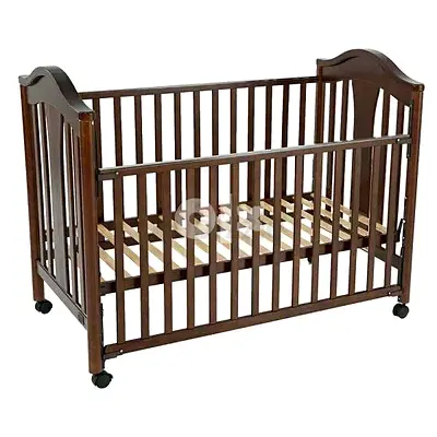 Wooden Baby Crib with Adjustable Base on Wheels - Dark Brown
