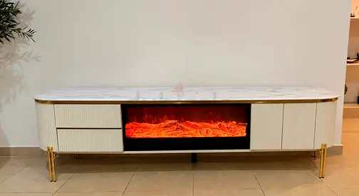 Luxury Cream & Gold TV Console with Built-In Electric Fireplace