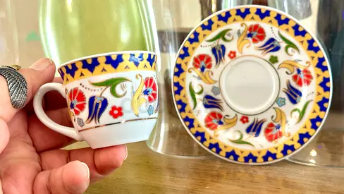 Set of 2 Decorative Turkish-Style Espresso Cups and Saucers