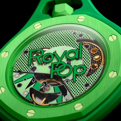 Ap x swatch (Royal pop) green eight pocket watch on leather lanyard