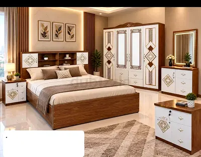 Wood & White 6-Piece Bedroom Set with Wardrobe, Bed, Nightstands