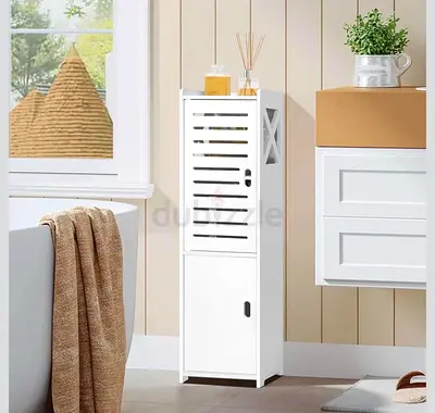 Slim White Bathroom Storage Cabinet with Drawers and Shelves