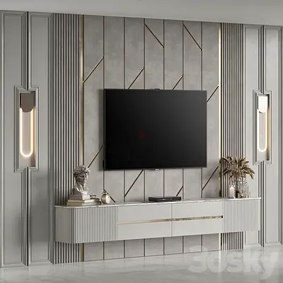 Wall-mounted TV Entertainment Unit with Floating Cabinet and Decorative Panel