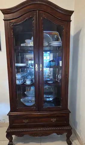 Antique-style Wooden Display Cabinet with Glass Doors and Drawer