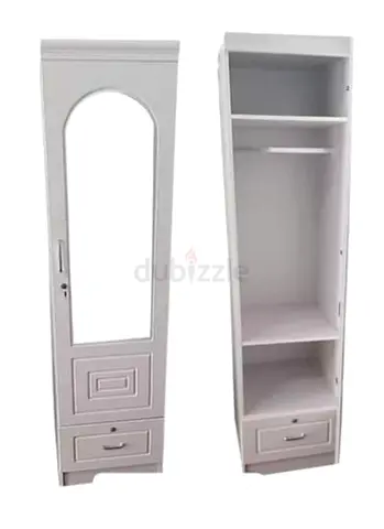 Slim White Freestanding Wardrobe/Armoire with Mirror and Drawers